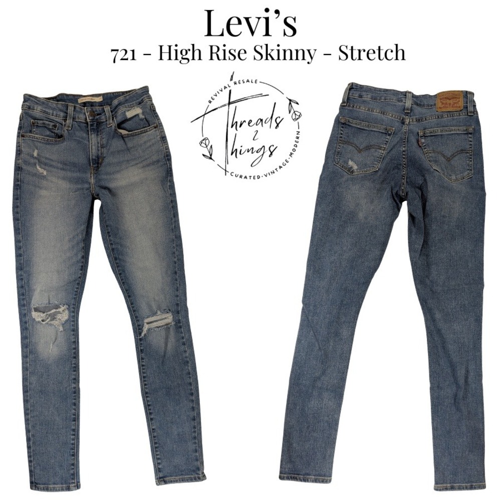Levis 721 Jeans Women 27 Blue Denim High Rise Skinny Stretch Distressed Chic 90s - Picture 1 of 12
